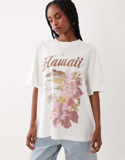 ASOS DESIGN oversize t-shirt z grafiką Hawaii w kolorze kremowym - view 1