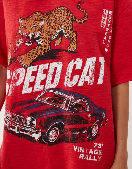 ASOS DESIGN oversize T-shirt z grafiką speed cat w czerwonym dżerseju slub, 4 z 4