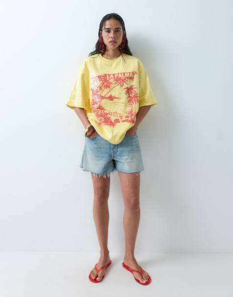 ASOS DESIGN Oversize T-shirt z opuszczonymi rękawami i grafiką La Palma w żółte cekiny - view 1