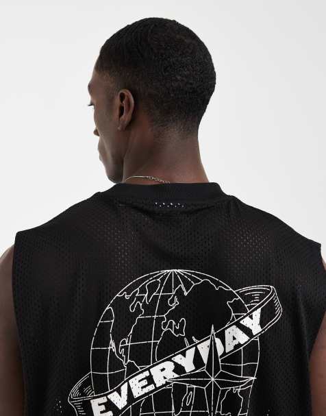 ASOS DESIGN – Oversize-Tanktop aus schwarzem Airtex-Material mit Globus-Grafikprint - view 1