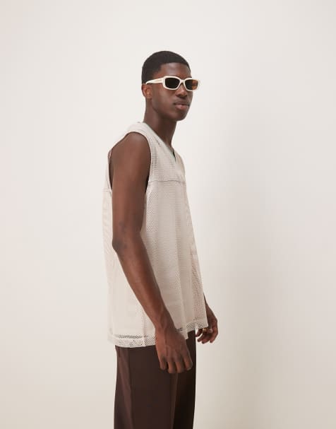 ASOS DESIGN – Oversize-Tanktop aus weitmaschigem Netzstoff in Steinbeige mit V-Ausschnitt - view 1