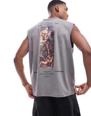 ASOS DESIGN – Oversize-Tanktop in Grau mit Renaissance-Print hinten