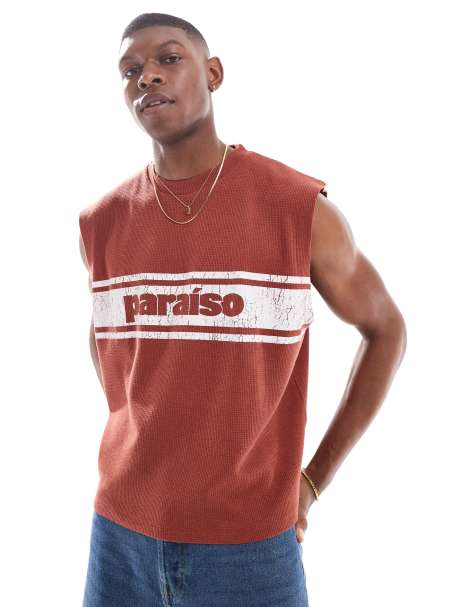 ASOS DESIGN – Oversize-Tanktop in Rot mit Sport-Print und Waffelstruktur - view 1