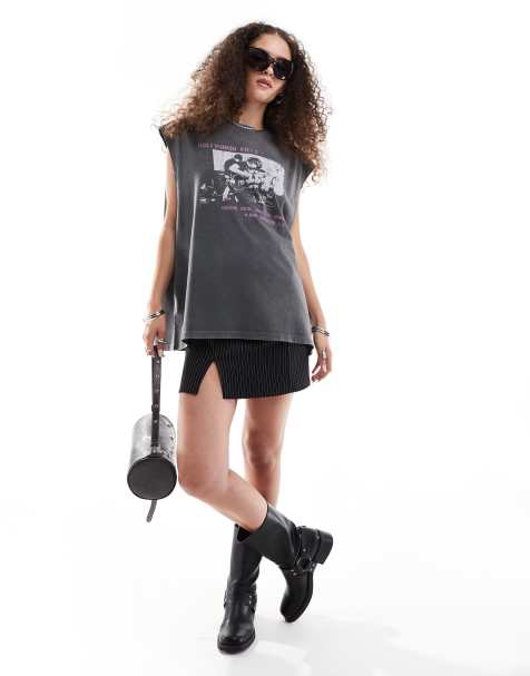 ASOS DESIGN – Oversize-Tanktop in verwaschenem Anthrazit mit rosafarbenem Grafikprint im Rock-Design - view 1