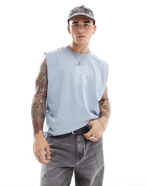 ASOS DESIGN – Oversize-Tanktop in verwaschenem Blau mit Himmelskörper-Print auf der Brust, 220 g/m² schwer - view 1