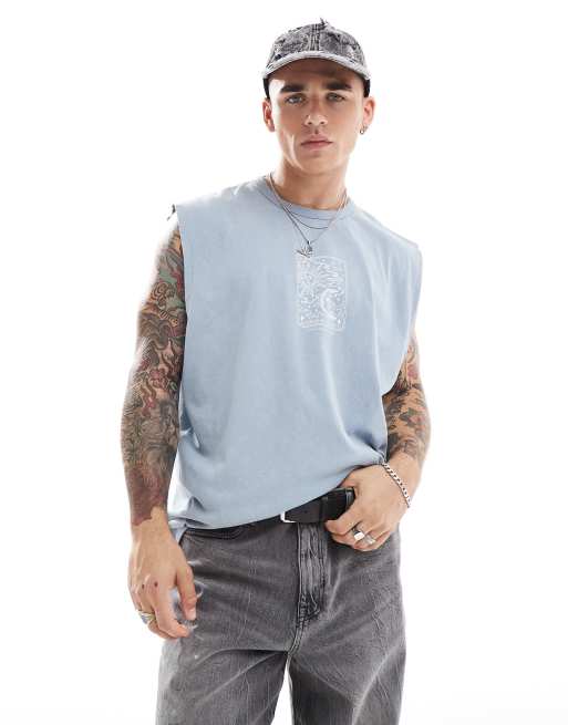ASOS DESIGN – Oversize-Tanktop in verwaschenem Blau mit Himmelskörper-Print auf der Brust, 220 g/m² schwer