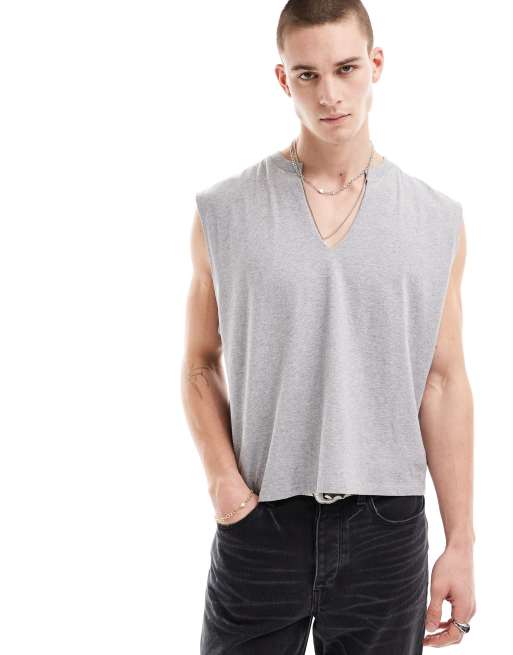 ASOS DESIGN – Oversize-Trägershirt in meliertem Grau mit V-Ausschnitt 