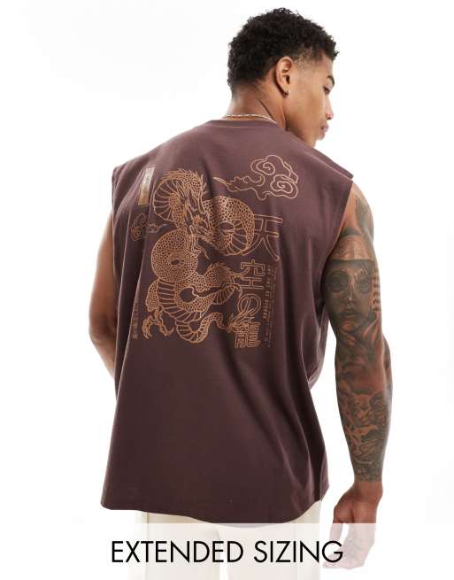 ASOS DESIGN – Oversize-Trägertop in Braun mit Drachen-Aufdruck hinten