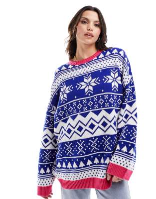 ASOS DESIGN - Oversize-Weihnachtspullover in Blau mit Norwegermuster und farblich abgesetzten Abschlüssen