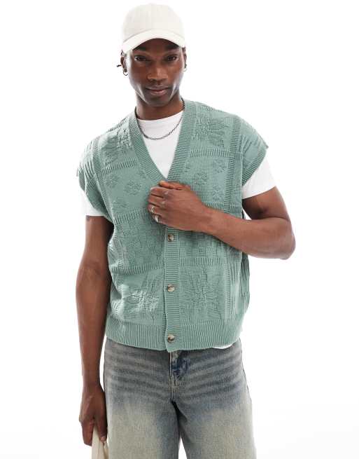 ASOS DESIGN – Oversize-Weste in Grün mit Zopfmuster und durchgehender Knopfleiste