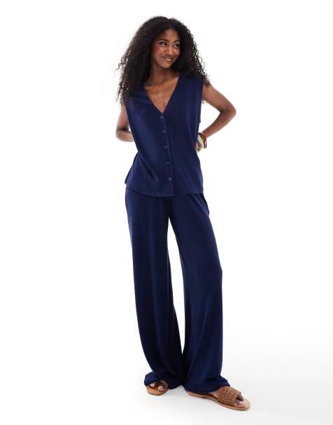 ASOS DESIGN – Oversize-Weste und Hose aus strukturiertem Strick in Marineblau - view 1
