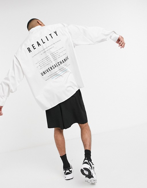 ASOS DESIGN oversize wide shirt in white with reality text back print