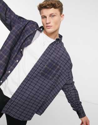 ASOS DESIGN oversize wide spliced patchwork plaid shirt in Navy