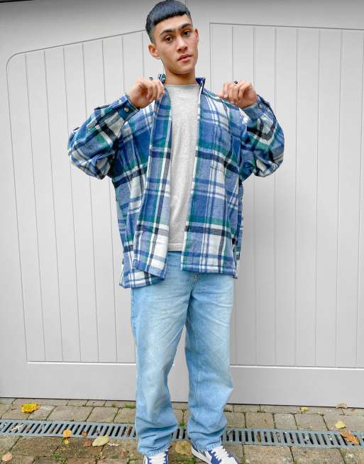 ASOS DESIGN oversize wide wool mix shirt in large scale blue check