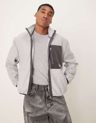 Asos Design Oversize Zip Through Jacket With Contrast Pocket In Gray Fleece