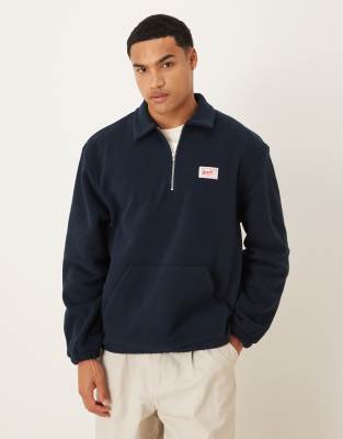 Asos Design Oversized 3/4 Length Sleeve Fleece Sweatshirt With Woven Label In Blue