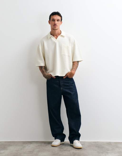 ASOS DESIGN oversized 3/4 length sleeve polo in textured fabric in beige, 3 of 5