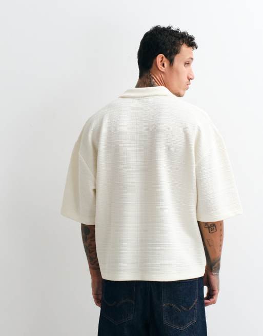 ASOS DESIGN oversized 3/4 length sleeve polo in textured fabric in beige, 5 of 5