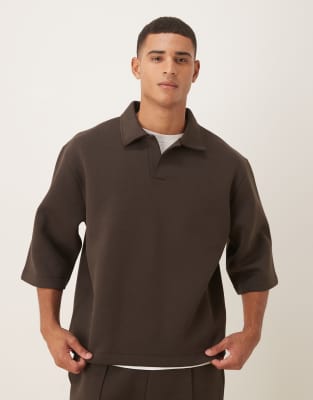 Asos Design Oversized 3/4 Sleeve Polo Sweatshirt In Brown
