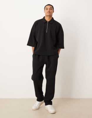 Asos Design Oversized 3/4 Sleeve Quarter Zip Sweatshirt With Collar In Black