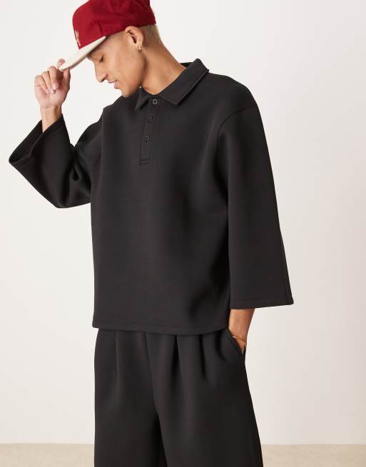 ASOS DESIGN oversized 3/4 sleeve scuba polo top in black (part of a set)