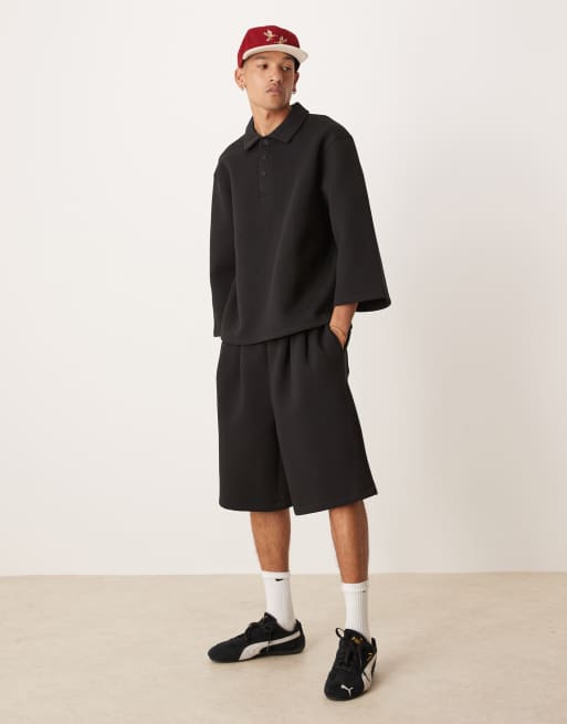 ASOS DESIGN oversized 3/4 sleeve scuba polo top in black - part of a set