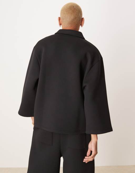 ASOS DESIGN oversized 3/4 sleeve scuba polo top in black - part of a set