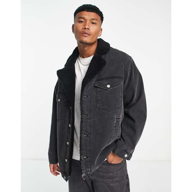 Asos design borg lined 2025 denim jacket in black