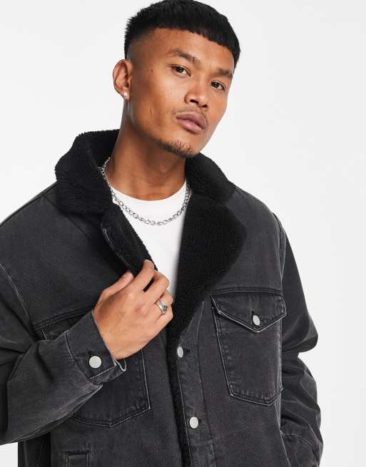 ASOS DESIGN oversized 70s denim jacket with borg lining in washed black