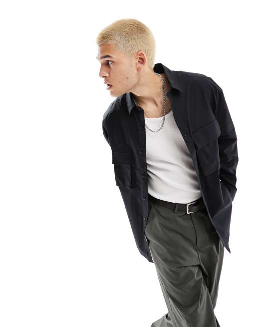ASOS DESIGN - Oversized 90'er-skjorte med utility-lommer i 3D-stil i sort poplin 