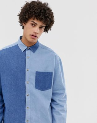 ASOS DESIGN - Oversized 90's stijl denim cut & sew overhemd-Blauw