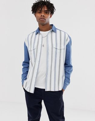 ASOS DESIGN - Oversized 90's stijl denim overhemd met gestreepte voorkant-Blauw