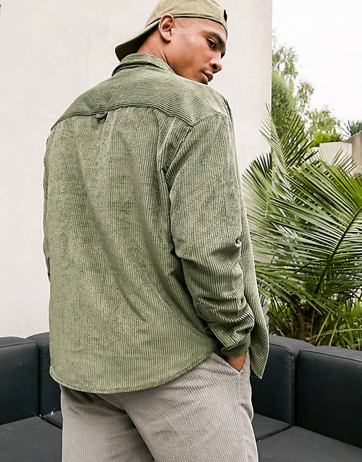 ASOS DESIGN oversized 90s style cord shirt in sage green