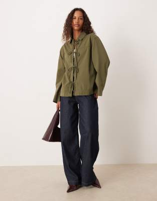 Asos Design Oversized A-line Jacket With Tie Front-green In Green
