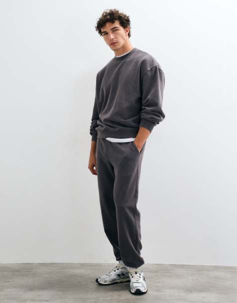 ASOS DESIGN oversized acid wash sweatshirt and cuffed sweatpants set in charcoal - view 1