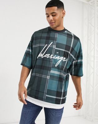 ASOS DESIGN oversized all over check t-shirt with embroidery text (21984210)