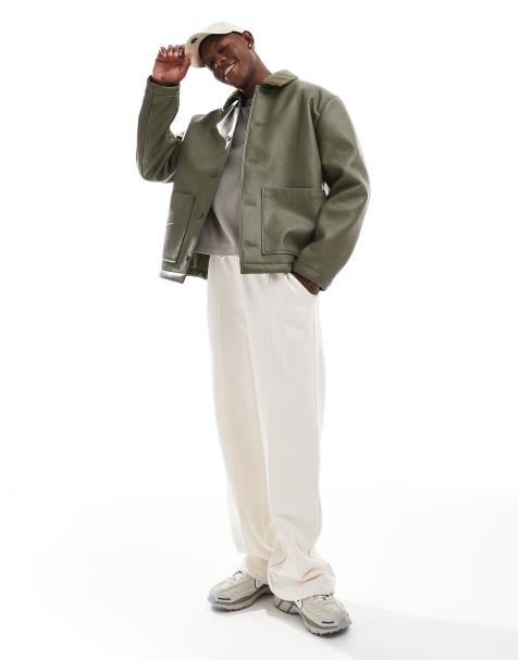 ASOS DESIGN - Oversized arbejdsjakke i grøn imiteret læder med for i imiteret lammeskind - view 1
