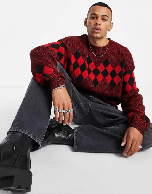 ASOS DESIGN oversized argyle jumper in red ASOS