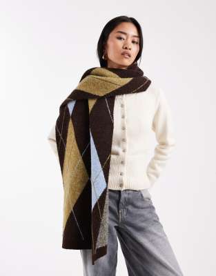 Asos Design Oversized Argyle Plaid Knit Scarf In Brown