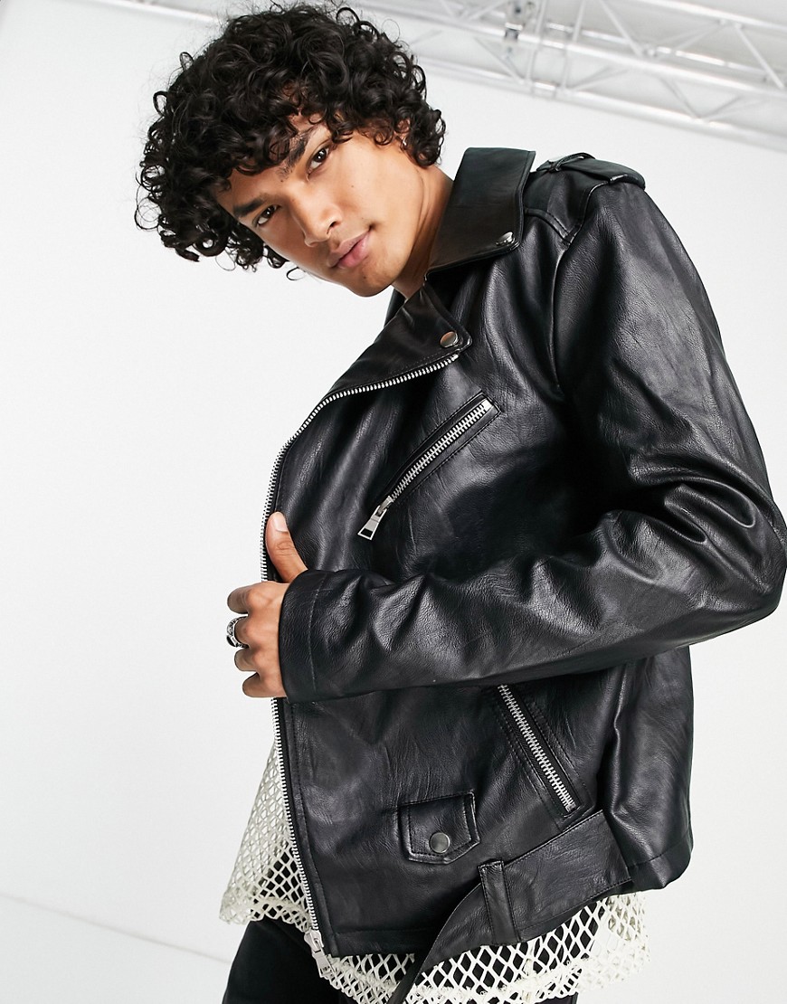 ASOS DESIGN oversized asymmetric faux leather moto jacket in black