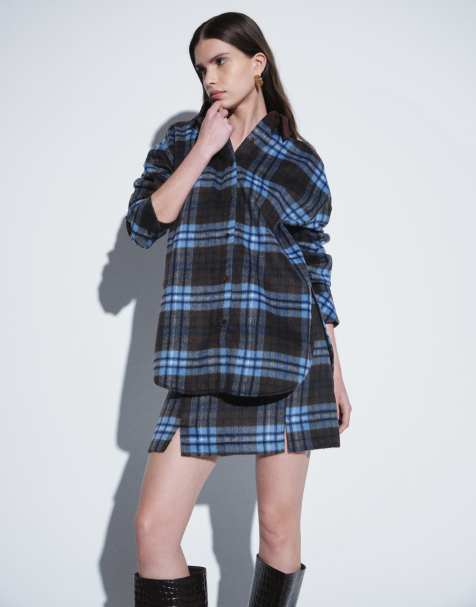 ASOS DESIGN oversized asymmetric hem shirt co-ord in brown and blue check - view 1