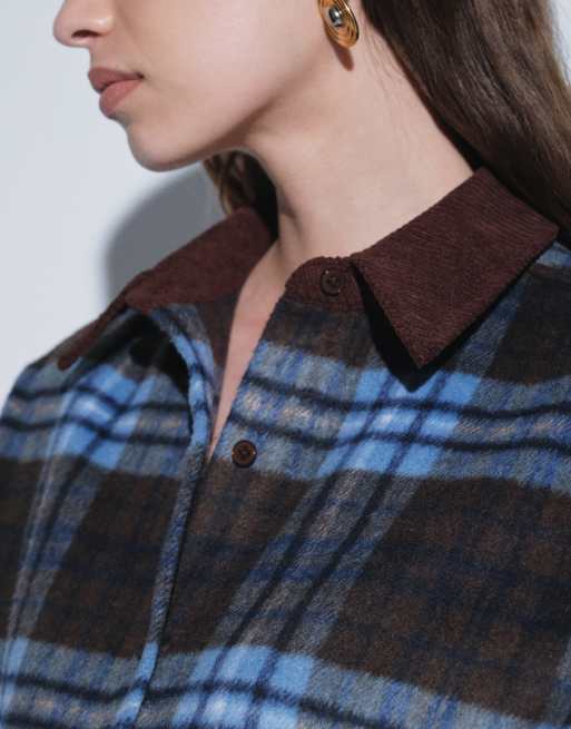 ASOS DESIGN oversized asymmetric hem shirt co-ord in brown and blue check, 3 of 4