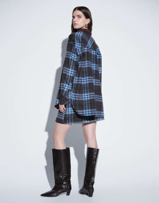 ASOS DESIGN oversized asymmetric hem shirt co-ord in brown and blue check, 4 of 4