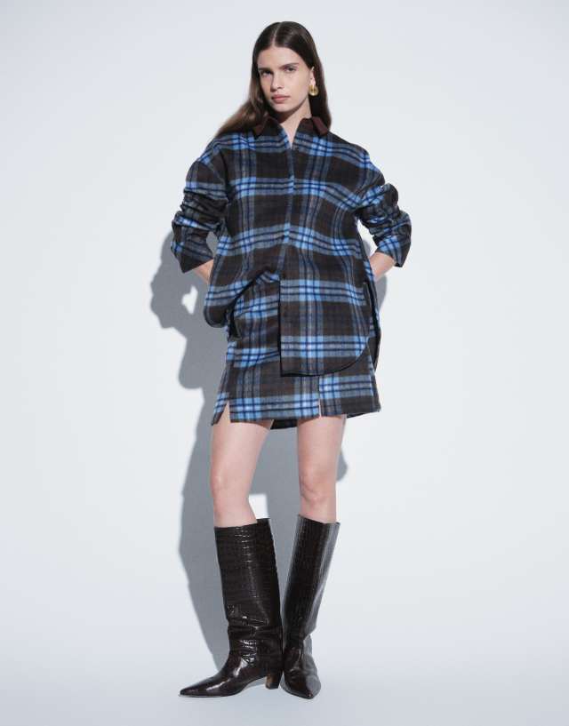 ASOS DESIGN oversized asymmetric hem shirt set in brown and blue check