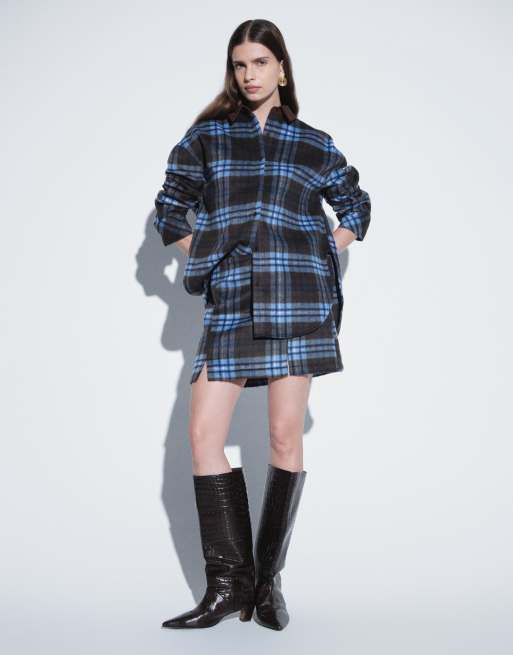 ASOS DESIGN oversized asymmetric hem shirt set in brown and blue check, 2 of 4