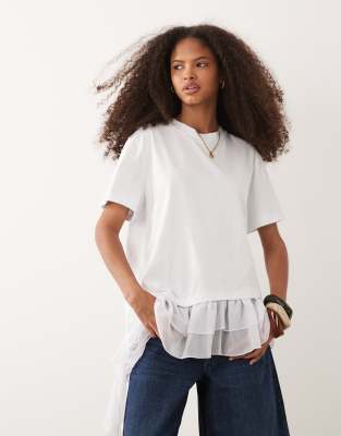 Asos Design Oversized Asymmetric T-shirt With Chiffon Lace Hem In White