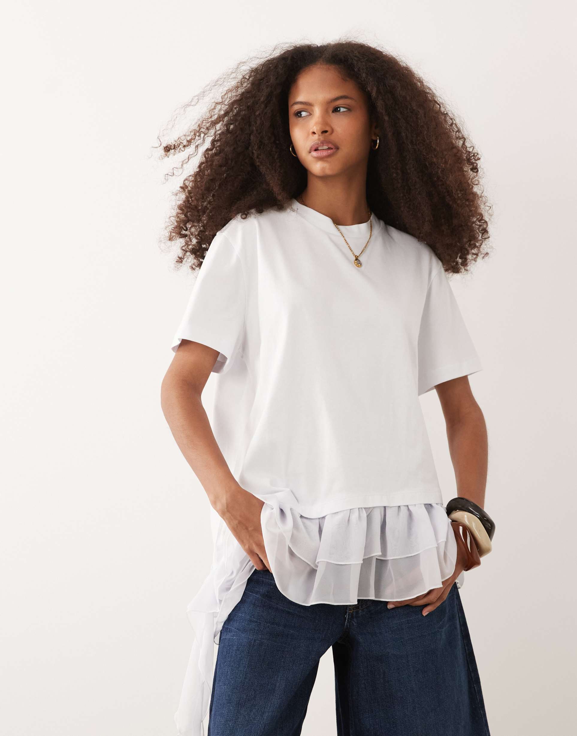 asos design oversized asymmetric t-shirt with chiffon lace hem in white