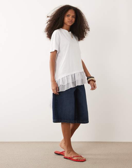 ASOS DESIGN oversized asymmetric t-shirt with chiffon lace hem in white, 2 of 4