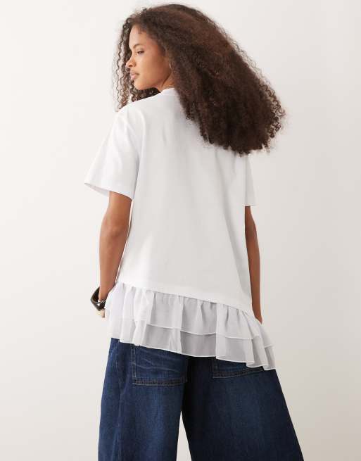 ASOS DESIGN oversized asymmetric t-shirt with chiffon lace hem in white, 3 of 4