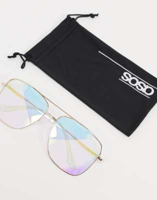 ASOS DESIGN oversized aviator fashion glasses in rainbow flash lens in gold | ASOS